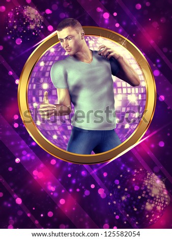Illustration of 3d man dancing and disco ball background.