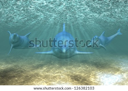 Illustration of a dolphins playing in sun rays underwater.
