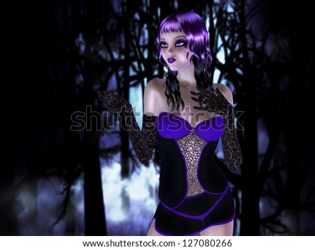 Illustration of a goth girl in the night haunted forest.