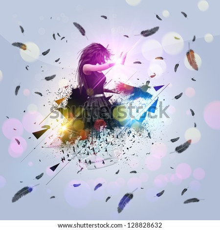 3d woman with black ravens, crows and flying feathers background.