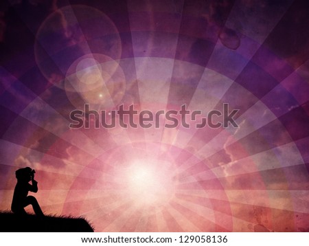 Silhouette of a man takes a photo of purple sky with rainbow, grunge background.