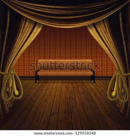 Theater stage with open golden curtain and wooden floor.