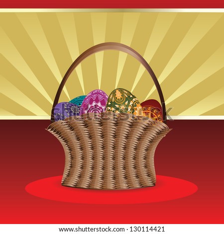 Beautiful easter card with woven basket of colorful eggs.