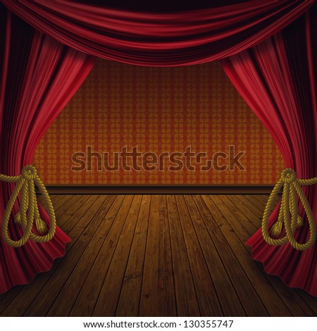 Retro theater stage red curtains with wooden floor.