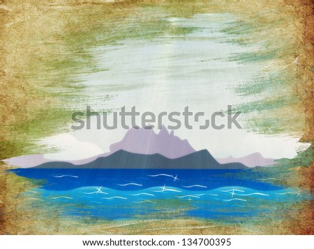 Small tropical islands in the ocean over blue sky on grunge background.
