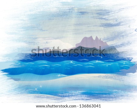 Small tropical islands in the ocean over blue sky on grunge background.