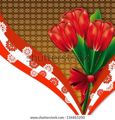 Greeting card with red tulip flowers and ribbon.