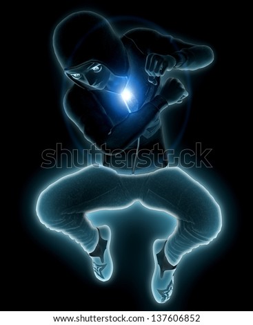 Abstract glowing man jump over black background.
