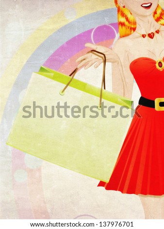 Fashion shopping red haired girl in red dress with shopping bags grunge background.