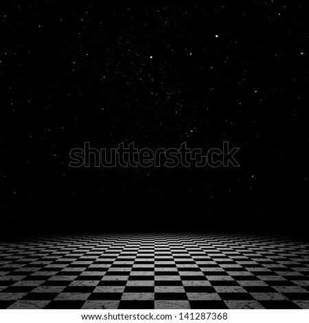 Surreal fantasy landscape of a vast checkered floor with night starry sky.