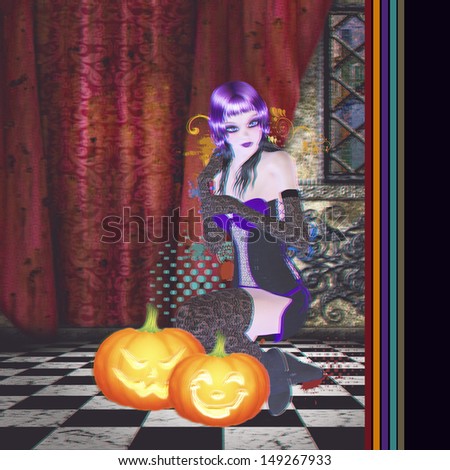 Gothic girl with violet hair and two pumpkins in the room, anaglyph effect.
