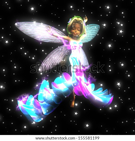 Colorful illustration with dancing fairy in the stars on black background.
