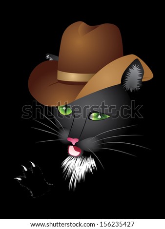 Cartoon black cat with green eyes in cowboy hat.