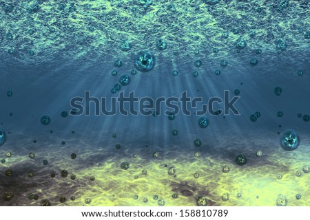 Colorful abstract underwater background with sun rays and bubbles.