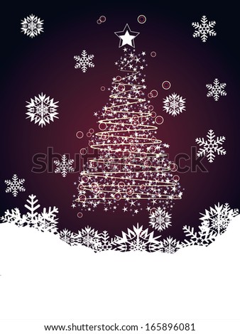 Winter holiday card with abstract Christmas tree and decorative snowflakes.