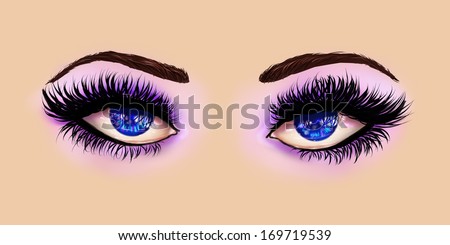 Beautiful woman\'s eyes of blue color with purple eyeshadow and long lashes.