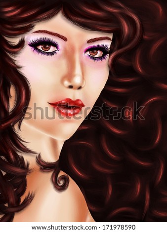 Portrait of a beautiful woman with curly hair of brown color.