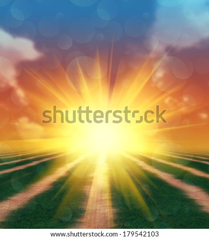 Colorful sunset scene with grass field and bit sun with rays.