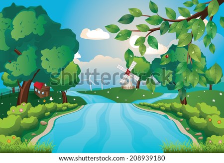 Green rural landscape with trees and river over blue sky.