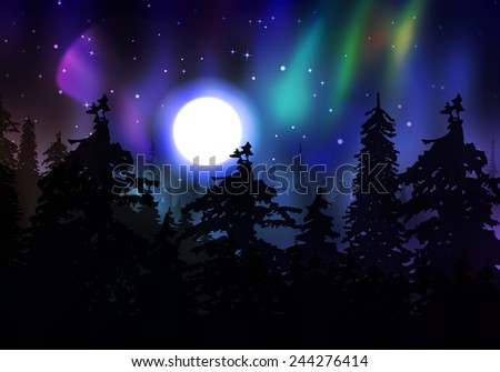 Northern lights, aurora borealis in the sky over the night forest.