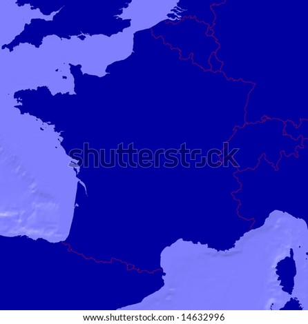 Map of France with borderlines and sea relief