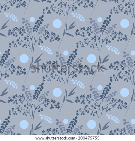 Seamless pattern first spring grass and flowers. Flowers, leaves, grass and circles.