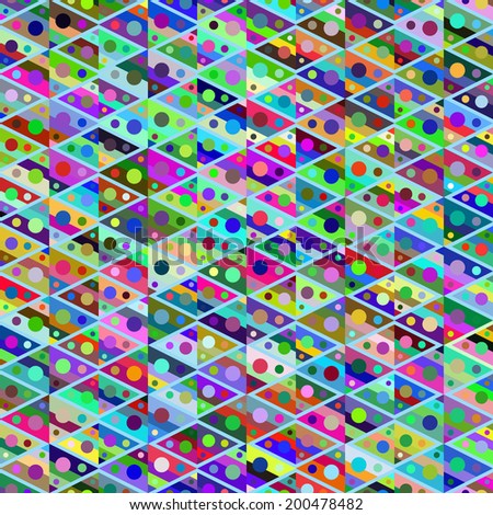 Geometric seamless pattern. Colorful structure, triangles, rectangles, diamonds and circles.
