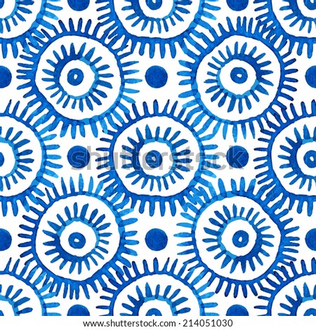 Seamless abstract geometric pattern. Watercolor fantasy blue circles on a white background.