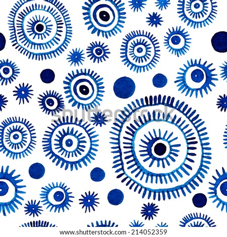 Abstract seamless geometrical pattern. Watercolor fantasy blue circles on a white background.
