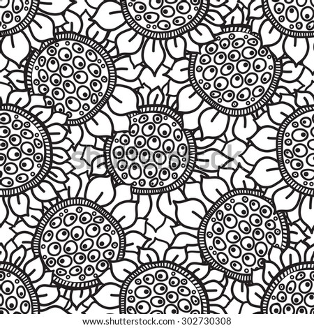 Flower seamless pattern, black and white flowers sunflowers, painted by hand.