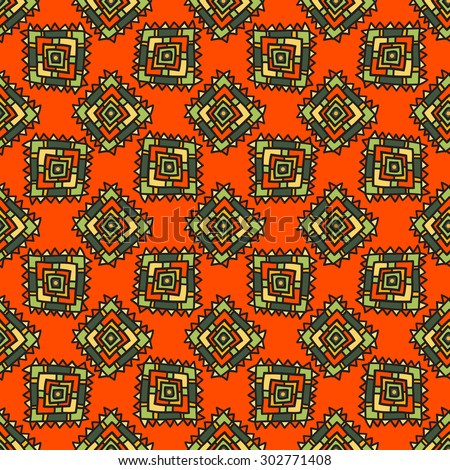 Seamless geometric pattern in ethnic style, traditional African motifs, colorful ornamental pattern on an orange background.