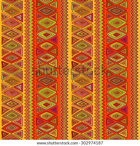 Geometric seamless pattern in ethnic style. Color graphics, diamonds, triangles, zigzags, stripes, painted by hand.