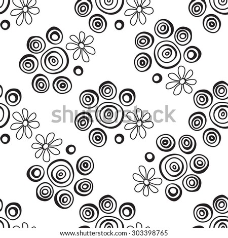Floral seamless pattern in the plant design. Black and white graphics, flowers and circles on a white background. Painted hands