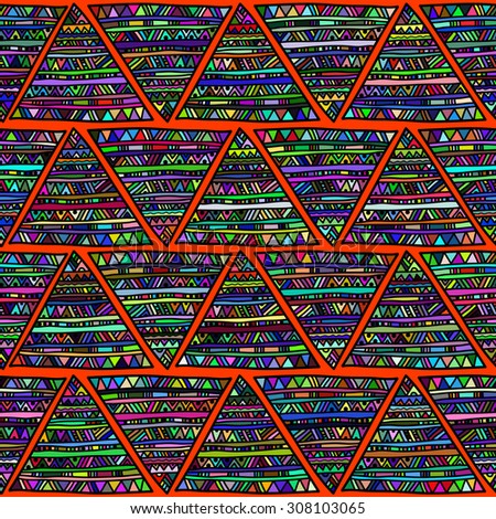 Seamless geometric pattern in ethnic style. Bright colorful folk triangular motifs on a orange\
,background.