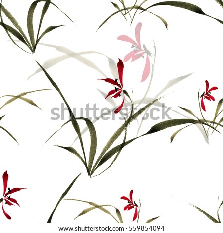 Seamless floral pattern, elegant, delicate wild orchids on a white background. The style of the traditional oriental art, hand drawn, free brush.