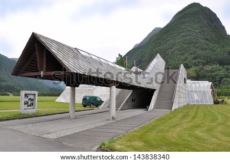 FJAERLAND, NORWAY - JULY 2. The Norwegian Glacier Museum\'s angular concrete forms relate to the surrounding mountains and valleys carved out by glaciers. July 2, 2010, in Fjaerland, Sogndal, Norway.