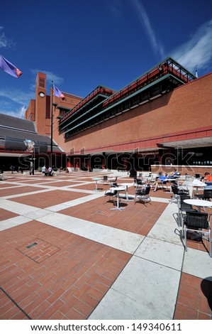 LONDON - AUGUST 4. The British Library holds 150 million books, manuscripts, philatelic and cartographic items, music scores and recordings. The landscaped concourse on August 4, 2013, in London, UK