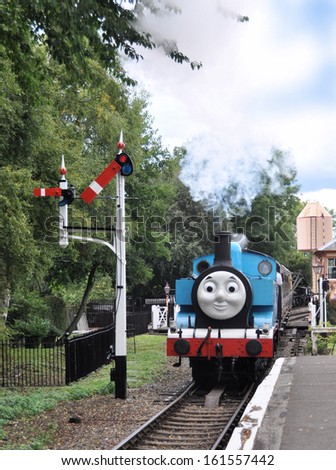 DIDCOT, UK -Â� OCTOBER 5. Thomas the Tank Engine is a live steam engine, based on stories by Wilbert Awdry, arriving at the station on October 5, 2013 at Didcot Railway Centre, Oxfordshire, UK.
