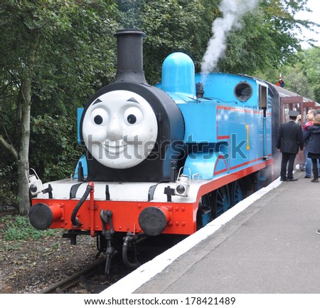 DIDCOT, UK - OCTOBER 5. Thomas the Tank Engine is a live steam engine, based on books by the Reverend Wilbert Awdry, running on October 5, 2013 at Didcot Railway Centre, Oxfordshire, England, UK.