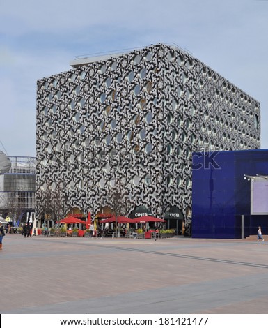 LONDON -Ã?Â� MARCH 8. Ravensbourne is a university college for digital media and design in a tessellated clad building next to the O2 Arena on the Greenwich Peninsula; March 8, 2014 in London, UK.