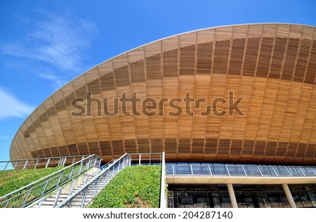LONDON - JULY 3. The Velopark Cycling Arena designed by Hopkins Architects in the new Queen Elizabeth Olympic Park on July 3, 2014, a large landscaped leisure area in Stratford, London.
