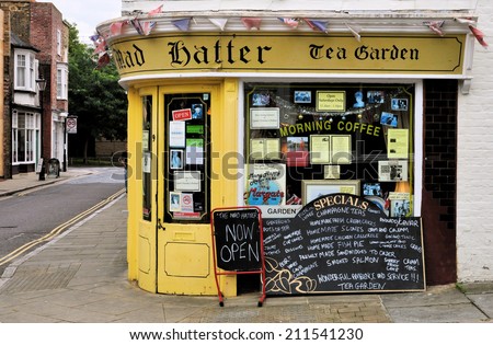 MARGATE, UK - AUGUST 16. The Mad Hatter, an old fashioned English eccentric tea shop on August 16, 2014 with a vintage interior and bizarre ambiance located at the seaside town of Margate, Kent, UK.