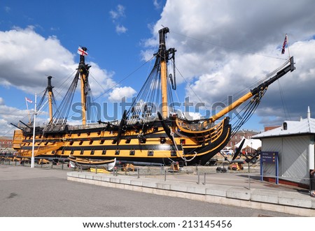 PORTSMOUTH, UK - AUGUST 23. HMS Victory is the Royal Navy\'s warship launched in 1765, best known for her role at the Battle of Trafalgar on display August 23, 2014 at Portsmouth, Hampshire, UK.