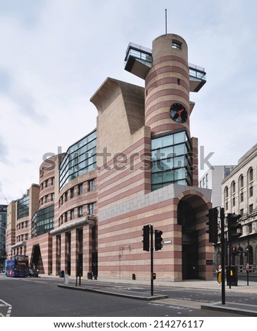 LONDON - AUGUST 30. Number One Poultry is a building designed by James Stirling, completed in 1997 in Post Modern style with imagery rich in various visual references on August 30, 2014 in London, UK.