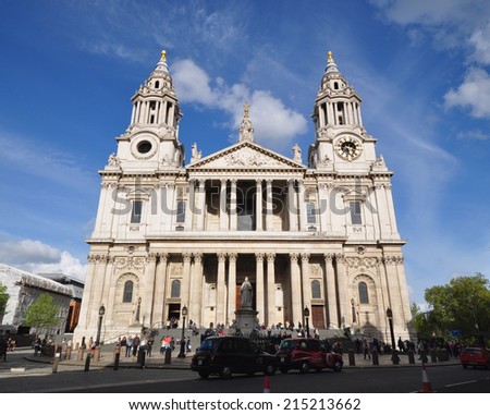 LONDON - MAY 1, 2013. St Paul\'s Cathedral, Sir Christopher Wren\'s masterpiece on May 1, 2013, completed in 1710 it occupies the site of the medieval cathedral destroyed by the Great Fire in London.