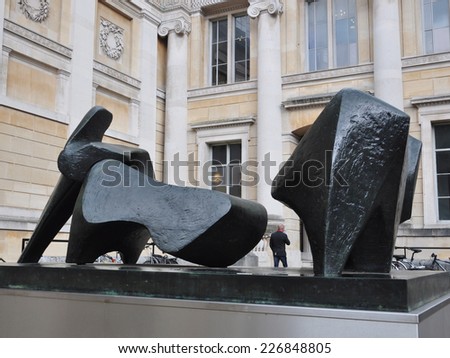 OXFORD - OCTOBER 25. Three Piece Reclining Figure No2 is a 1963 bronze sculpture by Henry Moore on loan to the Ashmolean Museum on October 25, 2014, located in Oxford, England, UK.