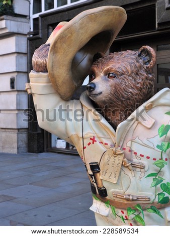 LONDON - NOVEMBER 4. A decorated model of Michael Bond\'s fictional character Paddington Bear, on November 4, 2014, for later charity auction; one of 50 designs located across London.