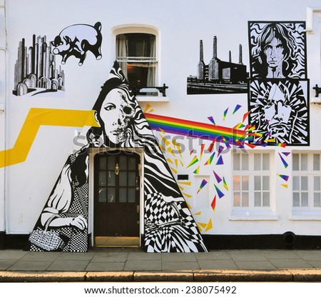 LONDON - DECEMBER 6. Street art at Chelsea Arts Club based on the 1939 film The Wizard of Oz and synchronicity with Pink Floyd\'s The Dark side of the Moon album, on December 6, 2014; Chelsea, London.