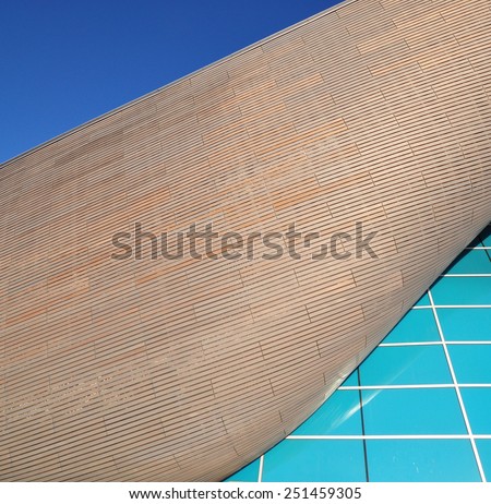 LONDON - OCTOBER 27. Cladding detail of the Aquatics Centre, a public swimming facility designed by Zaha Hadid Architects and open to swimmers of all abilities; October 27, 2014 at Stratford, London.