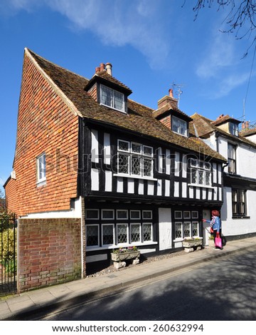RYE, SUSSEX, UK - MARCH 7, 2015. A fine 15th century private house of wattle and daub construction located on a street known as The Mint in the small English town of Rye, in the county of Sussex, UK.